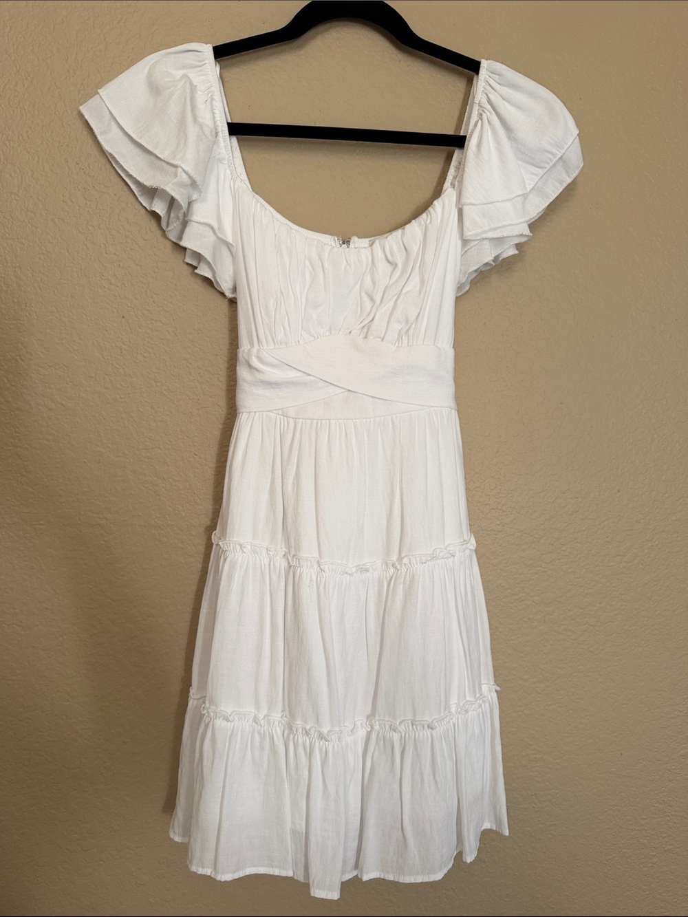 Francesca’s White Tiered Ruffle Sleeve Dress- Small